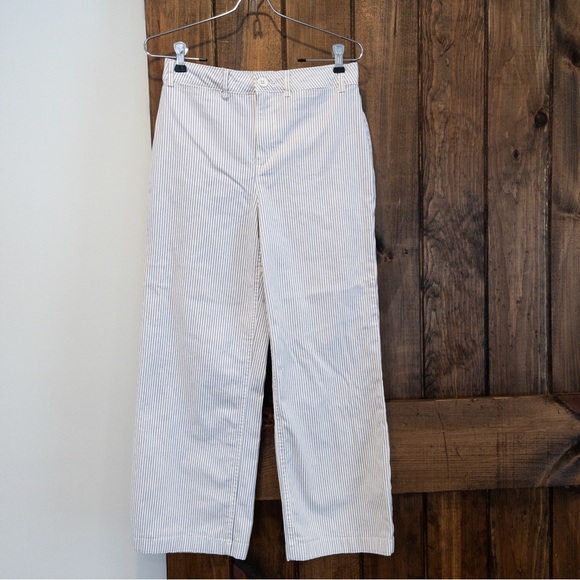 Old Navy Off White Blue Railroad Vertical Stripe Wide Leg High Rise Jeans 2 - Picture 2 of 9